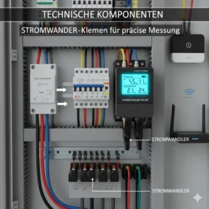 Technische Komponenten und Sensoren von einem Strommessgerät für Solaranlage in der Detailansicht.