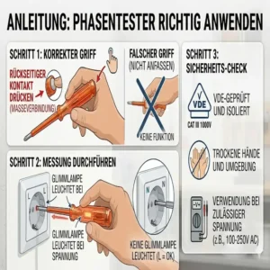 Anleitung zur sicheren Anwendung nach dem Phasentester Schraubendreher Test.