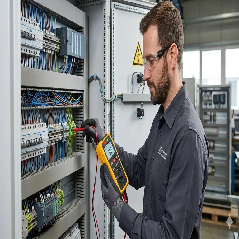 Ein Elektriker verwendet einen elektrischen Durchgangsprüfer an einem Schaltschrank zur Fehlersuche.