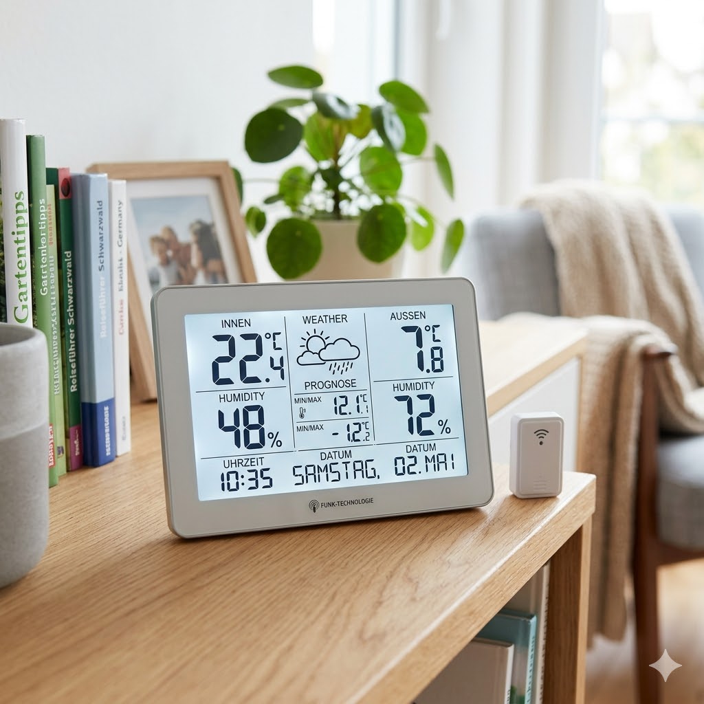 Ein modernes außenthermometer funk wetter Display auf einem Holztisch in einem hellen Wohnzimmer.