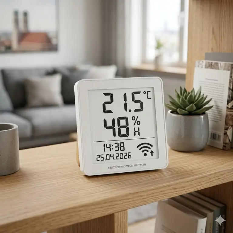 Digitales Raumthermometer mit WLAN Anbindung zeigt aktuelle Temperatur und Luftfeuchtigkeit in einem modernen Wohnzimmer.