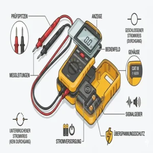 Diagramm der Komponenten eines elektrischen Durchgangsprüfers inklusive Prüfspitzen und Anzeige.