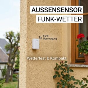 Ein wetterfester Außensensor für das außenthermometer funk wetter System an einer Hauswand montiert.