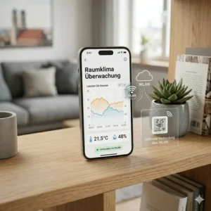 Illustration eines Raumthermometers mit WLAN synchronisiert mit einer Smartphone-App für Fernüberwachung der Raumtemperatur.