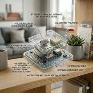 Nahaufnahme der Sensoren eines Raumthermometers mit WLAN zur exakten Messung von Temperatur und Luftfeuchtigkeit.