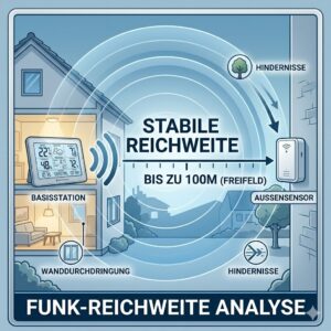 Infografik zur stabilen Funkreichweite der Basisstation für das außenthermometer funk wetter im Haus.