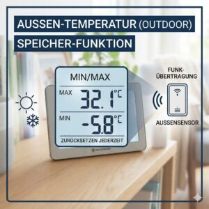 Nahaufnahme der Min-Max Temperaturanzeige auf einem digitalen außenthermometer funk wetter Gerät.