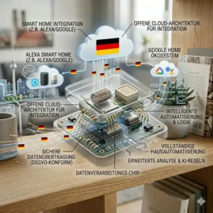 Grafik zur Einbindung eines Raumthermometers mit WLAN in ein Smart Home System via Sprachsteuerung.