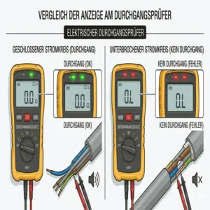Vergleich der Anzeige am elektrischer Durchgangsprüfer bei geschlossenem und unterbrochenem Stromkreis.
