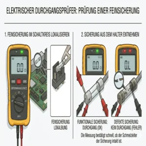 Elektrischer Durchgangsprüfer prüft eine Schmelzsicherung auf Funktionalität.