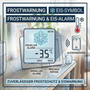 Die Frostwarnfunktion mit Eis-Symbol auf einem modernen außenthermometer funk wetter bei Minusgraden.