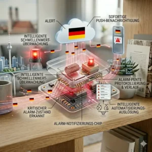 Illustration einer Push-Benachrichtigung auf einem Handy bei Grenzwertüberschreitung der Temperatur durch das Raumthermometer mit WLAN.