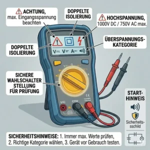 Wichtige Sicherheitssymbole auf dem Display von einem elektro messgerät für anfänger für sicheres Arbeiten.