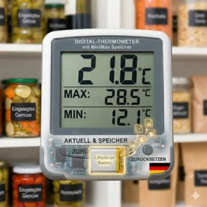 Technische Details zur Batterie und Datensicherheit beim thermometer mit min max speicher.