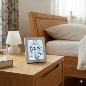 Ein kompaktes außenthermometer funk wetter mit Uhrzeit auf einem Nachttisch im Schlafzimmer.