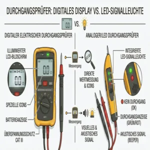 Unterschied zwischen einem digitaler elektrischer Durchgangsprüfer mit Display und einem Modell mit LED-Signalleuchte.