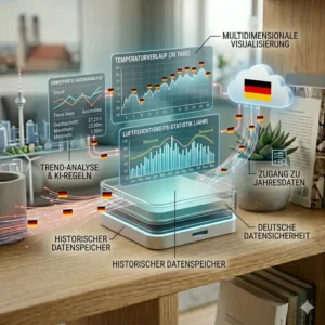 Infografik über den Temperaturverlauf und historische Datenanalysen eines Raumthermometers mit WLAN.