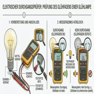 Anwendung eines elektrischen Durchgangsprüfers zum Testen des Glühfadens einer Glühlampe.