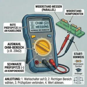 Messen von Widerständen an Bauteilen mit Hilfe von einem elektro messgerät für anfänger anschaulich dargestellt.