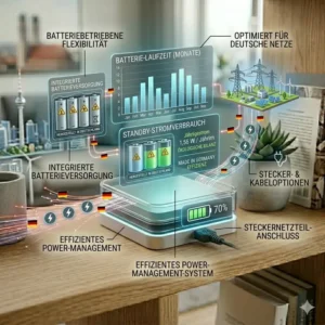 Darstellung der verschiedenen Stromversorgungsoptionen für ein Raumthermometer mit WLAN (Batteriebetrieb und Netzstecker).