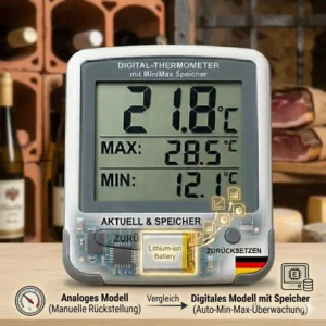 Vergleich zwischen analogen Modellen und dem digitalen thermometer mit min max speicher.