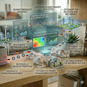 Übersichtsgrafik zur Überwachung mehrerer Räume gleichzeitig mit vernetzten Raumthermometern mit WLAN.