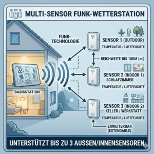 Illustration einer Multi-Sensor Station für das außenthermometer funk wetter mit drei verschiedenen Sendern.