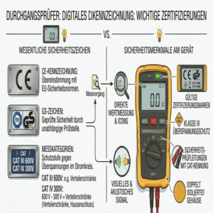 Wichtige Sicherheitszeichen wie CE und CAT III auf einem elektrischer Durchgangsprüfer.