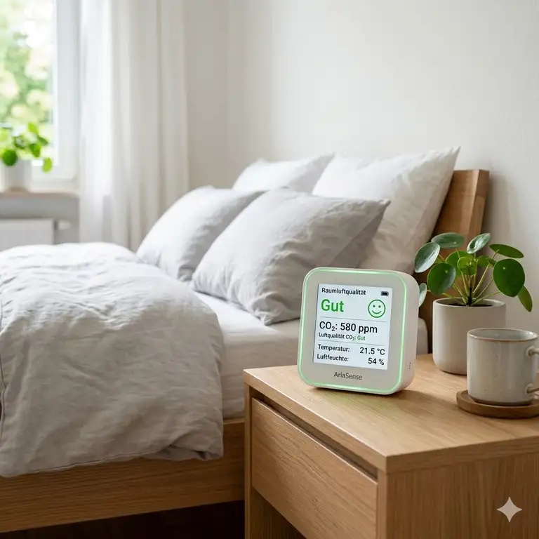 Ein modernes luftmessgerät für schlafzimmer auf dem Nachttisch für eine gesund Schlafumgebung.