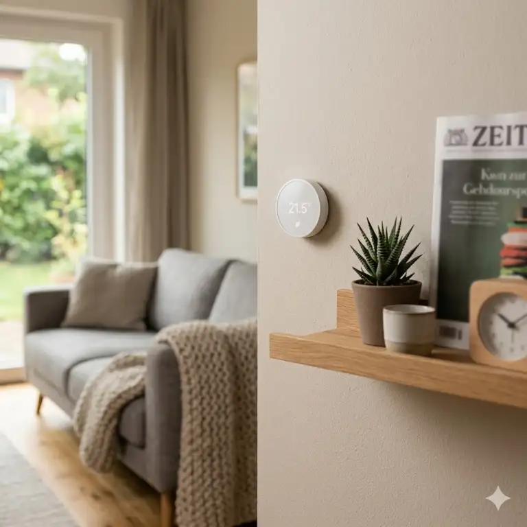 Modern interior with a smart temperatur sensor zuhause mounted on a white wall.