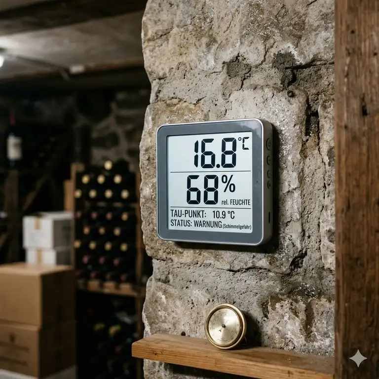 Ein modernes digitales thermometer für keller feuchtigkeit zeigt die aktuelle Raumtemperatur und Luftfeuchte an.