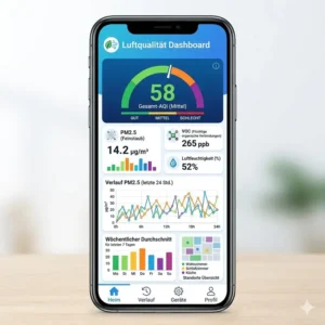 Smartphone-Bildschirm mit der detaillierten Dashboard-Benutzeröberfläche einer Luftqualitätsmonitor mit App samt PM2.5 Grafiken.