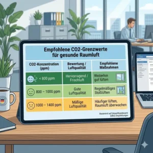 Tabelle mit empfohlenen Grenzwerten für ein co2 messgerät für büro.