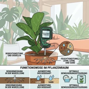 Infografik zur Funktionsweise vom feuchtigkeitsmesser pflanzenraum bei verschiedenen Bodenarten.