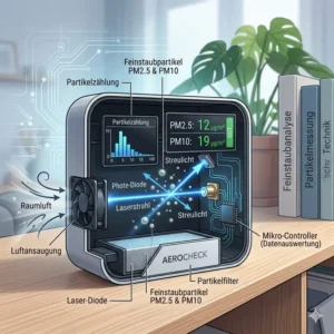 Technische Illustration der Funktionsweise eines Laser-Sensors in einem feinstaubmessgerät indoor.