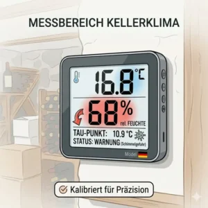 Infografik über die optimalen Werte auf einem thermometer für keller feuchtigkeit zur Vermeidung von Feuchteschäden.