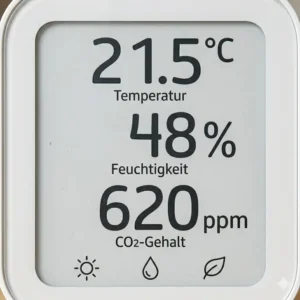 A detailed graphic illustrating the high-contrast E-Ink visibility of the Klima Monitor mit Display screen.