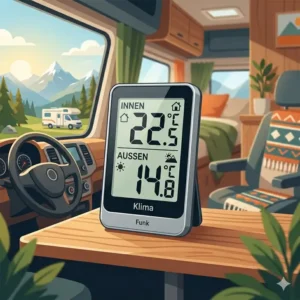 Vergleich zwischen einem digitalen LCD Thermometer für Wohnmobil und einer analogen Temperaturanzeige.