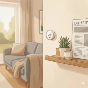 A cozy living room environment monitored by a smart temperatur sensor zuhause.