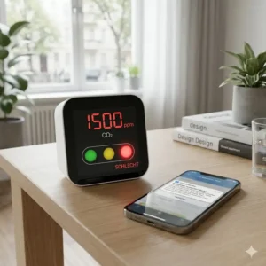 Nahaufnahme von einem Luftqualitätsmonitor mit App Warnsystem mit roter Ampelanzeige für hohe CO2-Konzentration auf dem Schreibtisch.