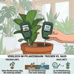 Vergleich der Anzeige trocken vs nass auf einem feuchtigkeitsmesser pflanzenraum.