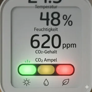 An illustration of the CO2 traffic light color warning system on the Klima Monitor mit Display.