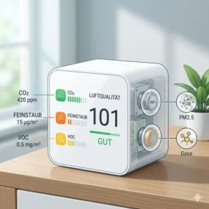 Infografik zu den Schadstoffen wie Feinstaub und CO2, die ein luftgütemesser smart home präzise erfasst.