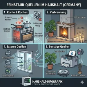Infografik über typische Feinstaubquellen im Haushalt gemessen mit einem feinstaubmessgerät indoor.