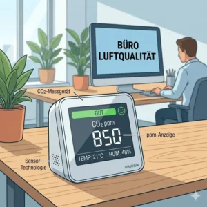 Nahaufnahme vom Display eines co2 messgerät für büro.
