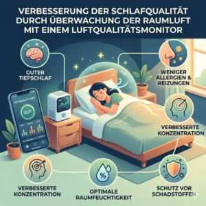Infografik über die gesundheitlichen Vorteile für den Schlaf bei der Raumluft-Überwachung durch einen Luftqualitätsmonitor mit App.