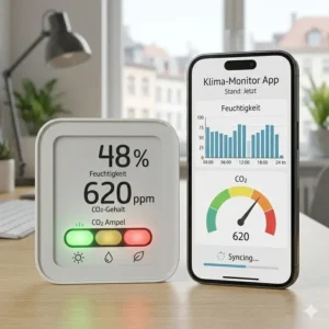 A visual breakdown showing how a smartphone app syncs via Bluetooth with the Klima Monitor mit Display.