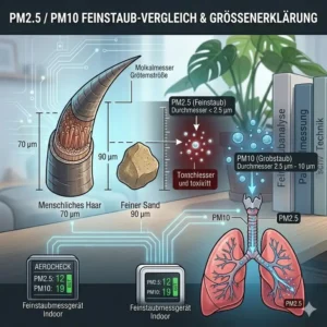 Vergleich der Partikelgrößen PM2.5 und PM10 auf dem Display eines feinstaubmessgerät indoor.