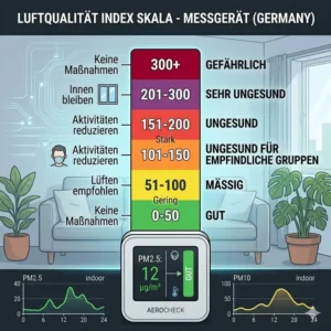 Eine farbige Skala des Air Quality Index zur Bewertung der Werte an einem feinstaubmessgerät indoor.