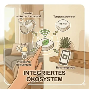 Smart home hub connected to a radiator valve and a smart temperatur sensor zuhause.